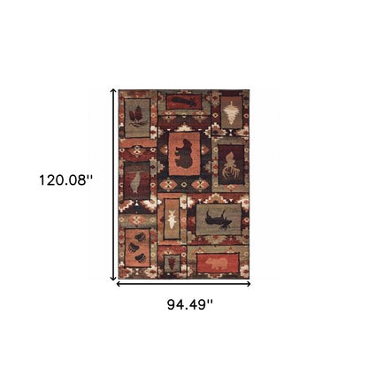 8' X 10' Brown Rust Berry Sage Green Gold And Ivory Southwestern Power Loom Stain Resistant Area Rug