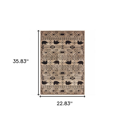 2' X 3' Ivory And Black Southwestern Power Loom Stain Resistant Area Rug