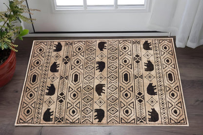 2' X 3' Ivory And Black Southwestern Power Loom Stain Resistant Area Rug