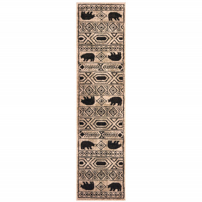 2' X 8' Ivory And Black Southwestern Power Loom Stain Resistant Runner Rug