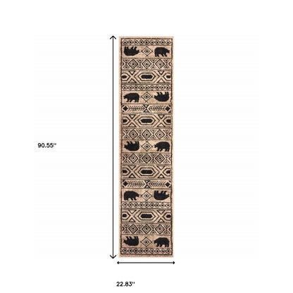 2' X 8' Ivory And Black Southwestern Power Loom Stain Resistant Runner Rug