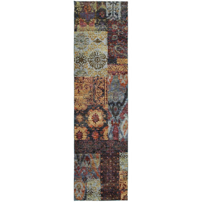 8' Blue And Gold Abstract Runner Rug