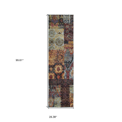 8' Blue And Gold Abstract Runner Rug