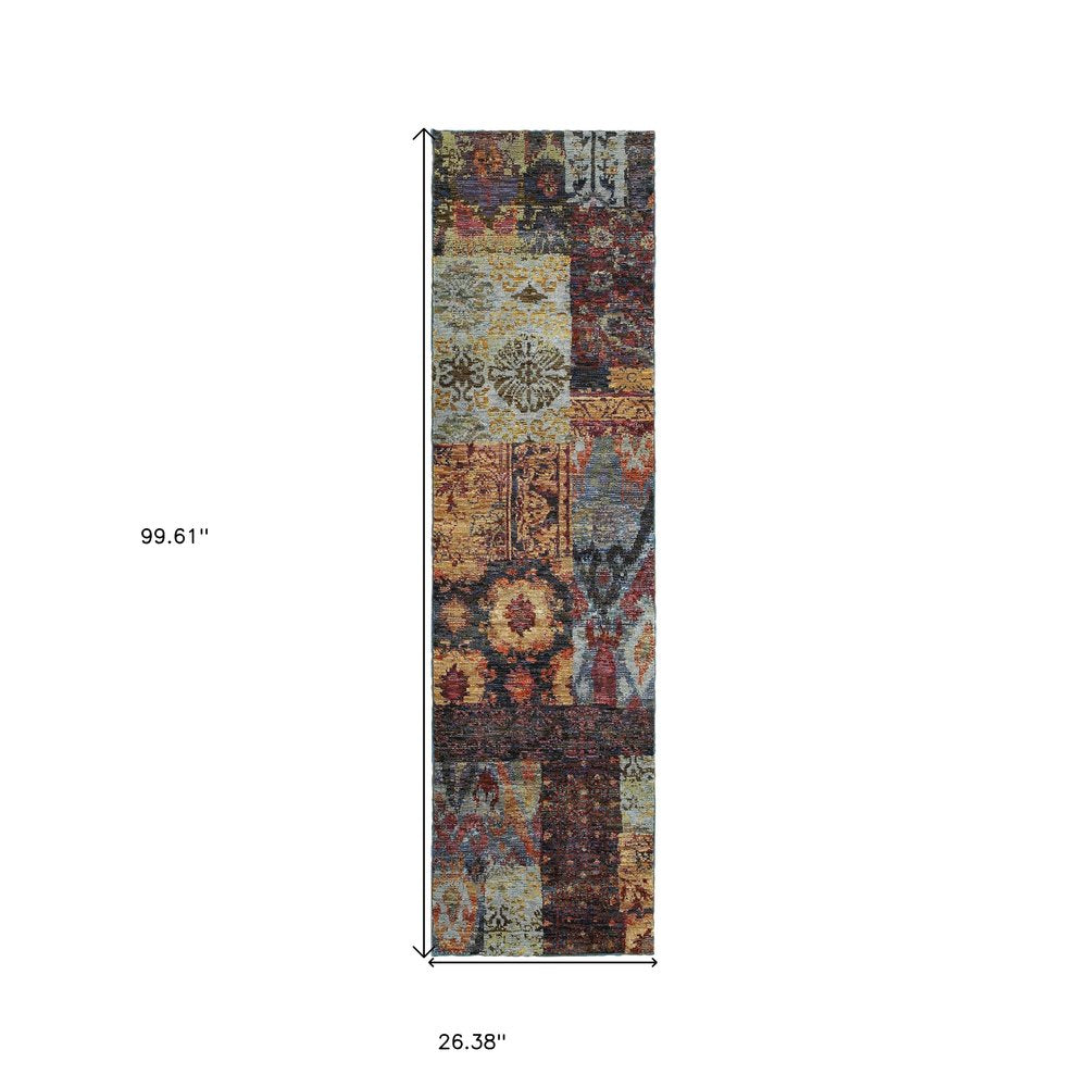 8' Blue And Gold Abstract Runner Rug