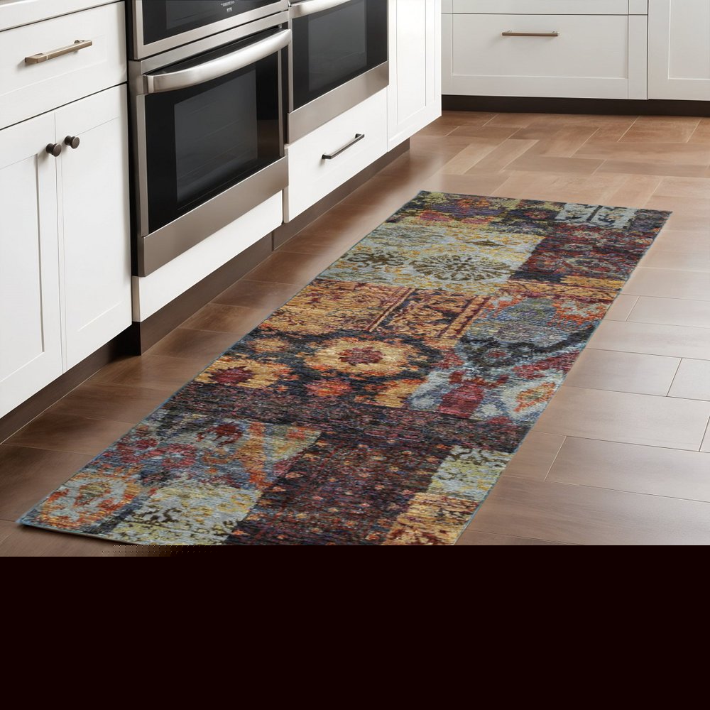 8' Blue And Gold Abstract Runner Rug