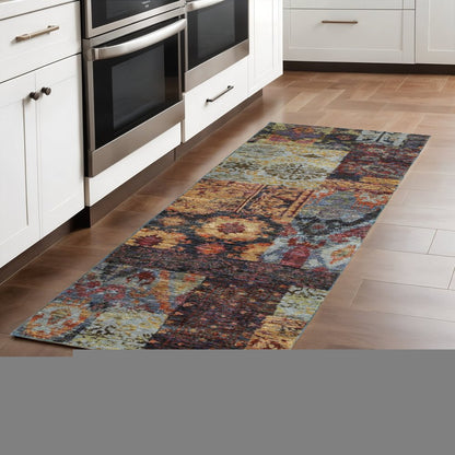 8' Blue And Gold Abstract Runner Rug