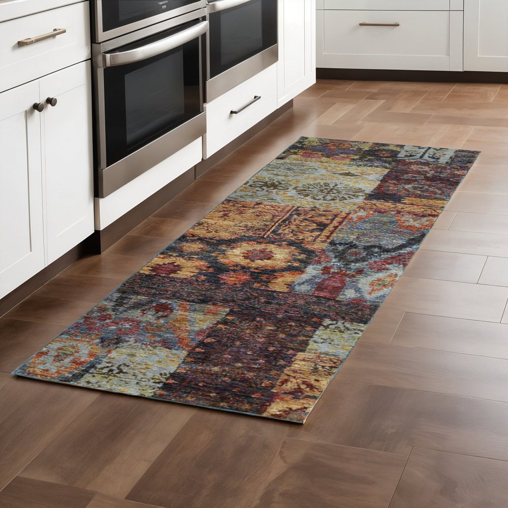 8' Blue And Gold Abstract Runner Rug