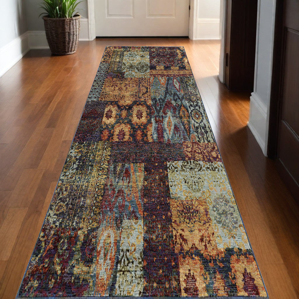 12' Runner Blue and Red Abstract Power Loom Runner Rug