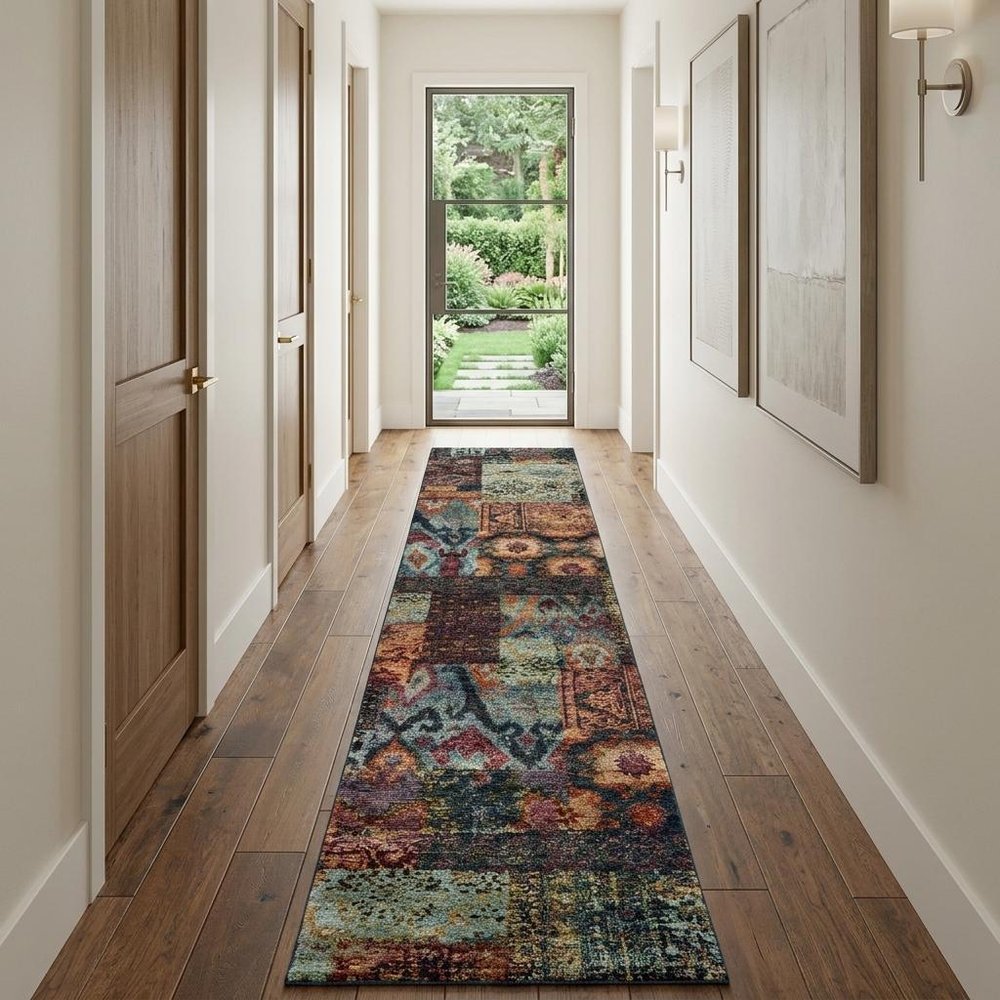 12' Blue And Red Ikat Runner Rug