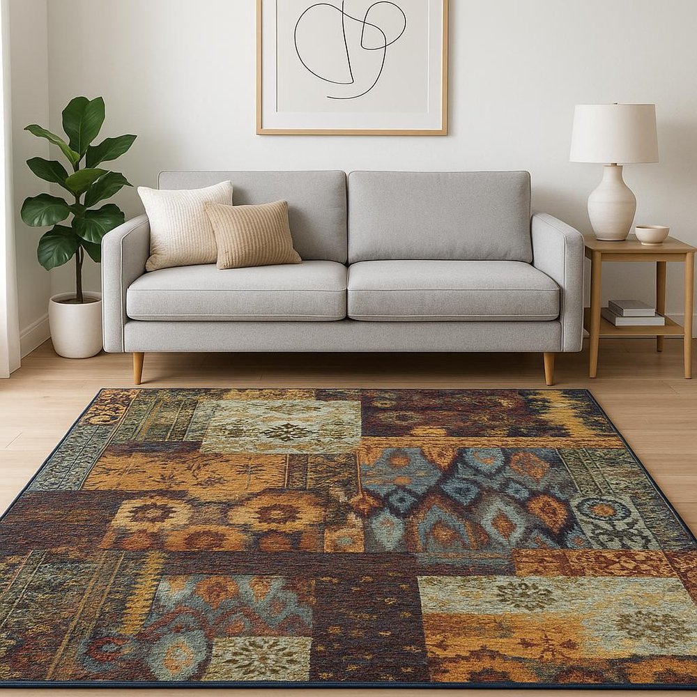 5' X 7' Blue and Gold Abstract Power Loom Area Rug