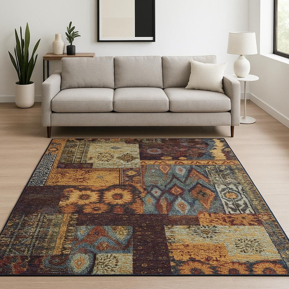 9' X 12' Blue and Gold Abstract Power Loom Area Rug