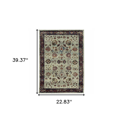 2' X 3' Red and Ivory Oriental Power Loom Area Rug