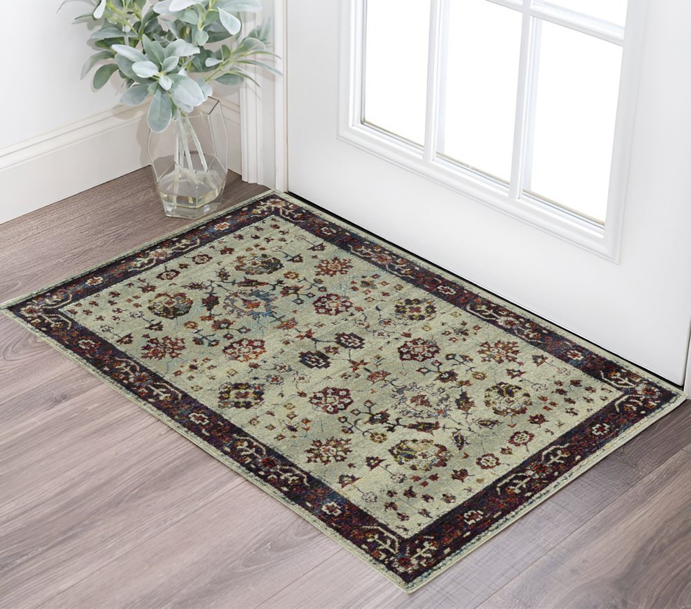 2' X 3' Stone And Red Oriental Area Rug