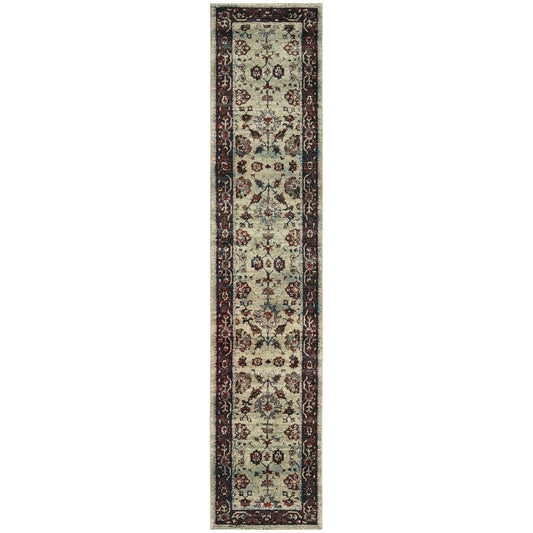 12' Stone And Red Oriental Runner Rug