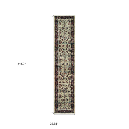 12' Runner Stone and Red Oriental Power Loom Runner Rug