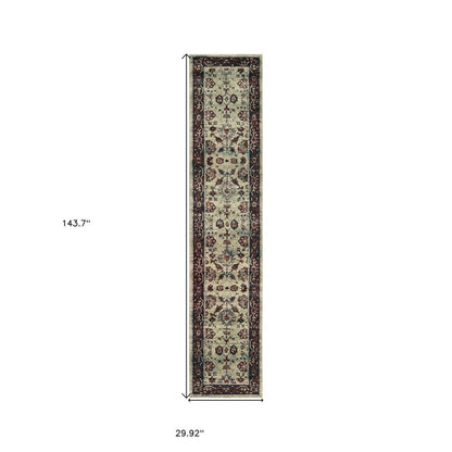 12' Stone And Red Oriental Runner Rug