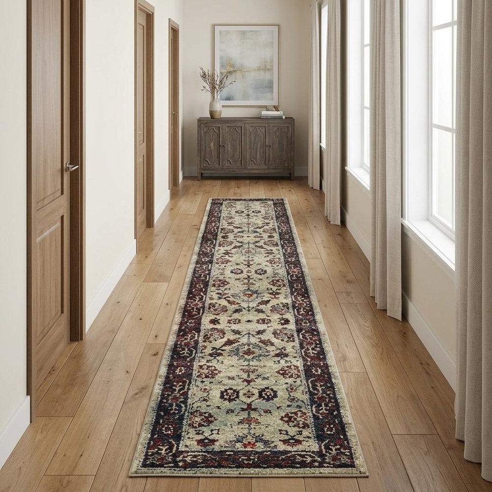 12' Stone And Red Oriental Runner Rug