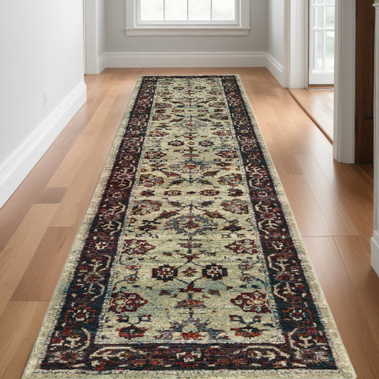 12' Runner Stone and Red Oriental Power Loom Runner Rug