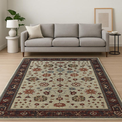 7' X 10' Red and Ivory Oriental Power Loom Area Rug