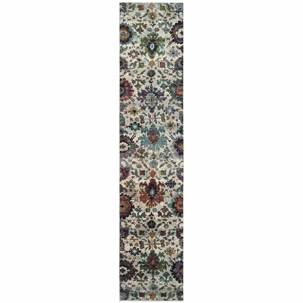 12' Runner Green and Ivory Oriental Power Loom Runner Rug