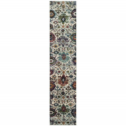 12' Runner Green and Ivory Oriental Power Loom Runner Rug