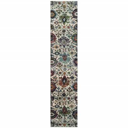 12' Runner Green and Ivory Oriental Power Loom Runner Rug