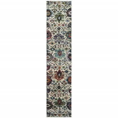 12' Stone Purple And Green Oriental Runner Rug