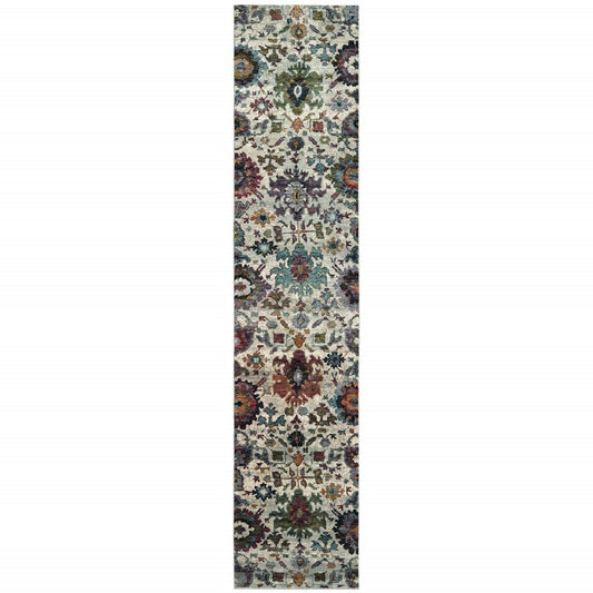 12' Stone Purple And Green Oriental Runner Rug