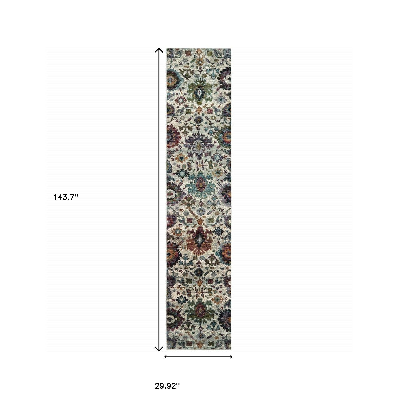 12' Runner Green and Ivory Oriental Power Loom Runner Rug