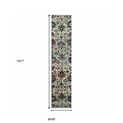 12' Stone Purple And Green Oriental Runner Rug