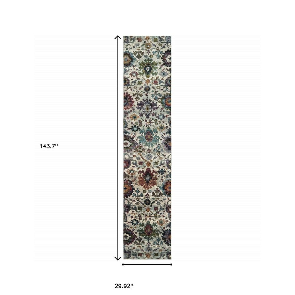 12' Stone Purple And Green Oriental Runner Rug