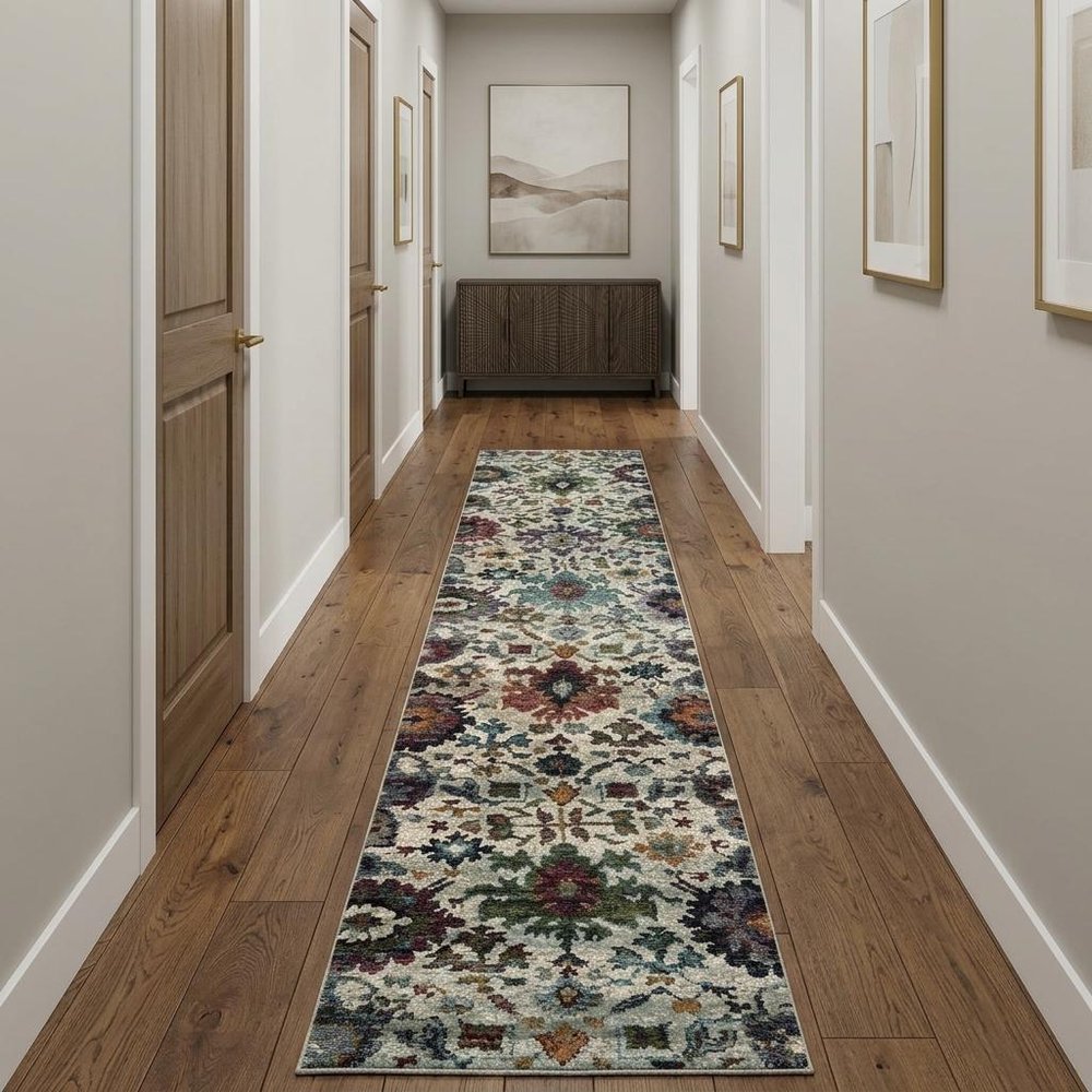 12' Stone Purple And Green Oriental Runner Rug