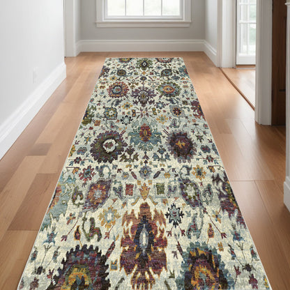 12' Runner Green and Ivory Oriental Power Loom Runner Rug