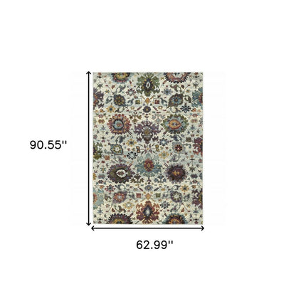 5' X 7' Stone Purple And Green Oriental Area Rug