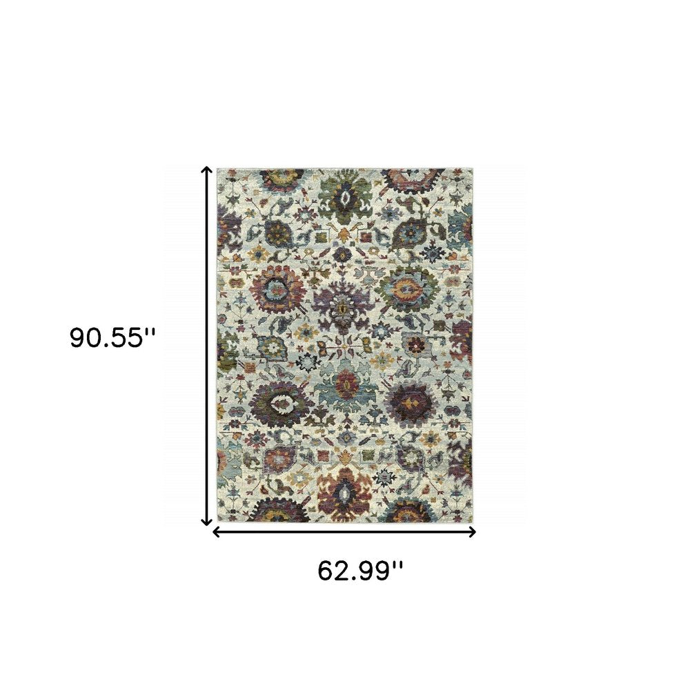5' X 7' Stone Purple And Green Oriental Area Rug