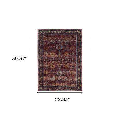 2' X 3' Red Purple Oriental Power Loom Area Rug