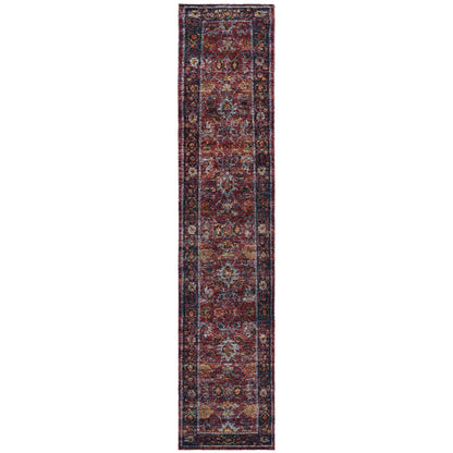 12' Runner Red Purple Gold and Grey Oriental Power Loom Runner Rug