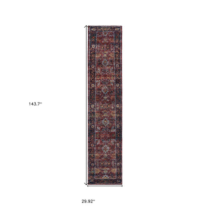 12' Runner Red Purple Gold and Grey Oriental Power Loom Runner Rug