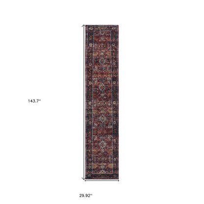 12' Red Purple And Gold Oriental Runner Rug