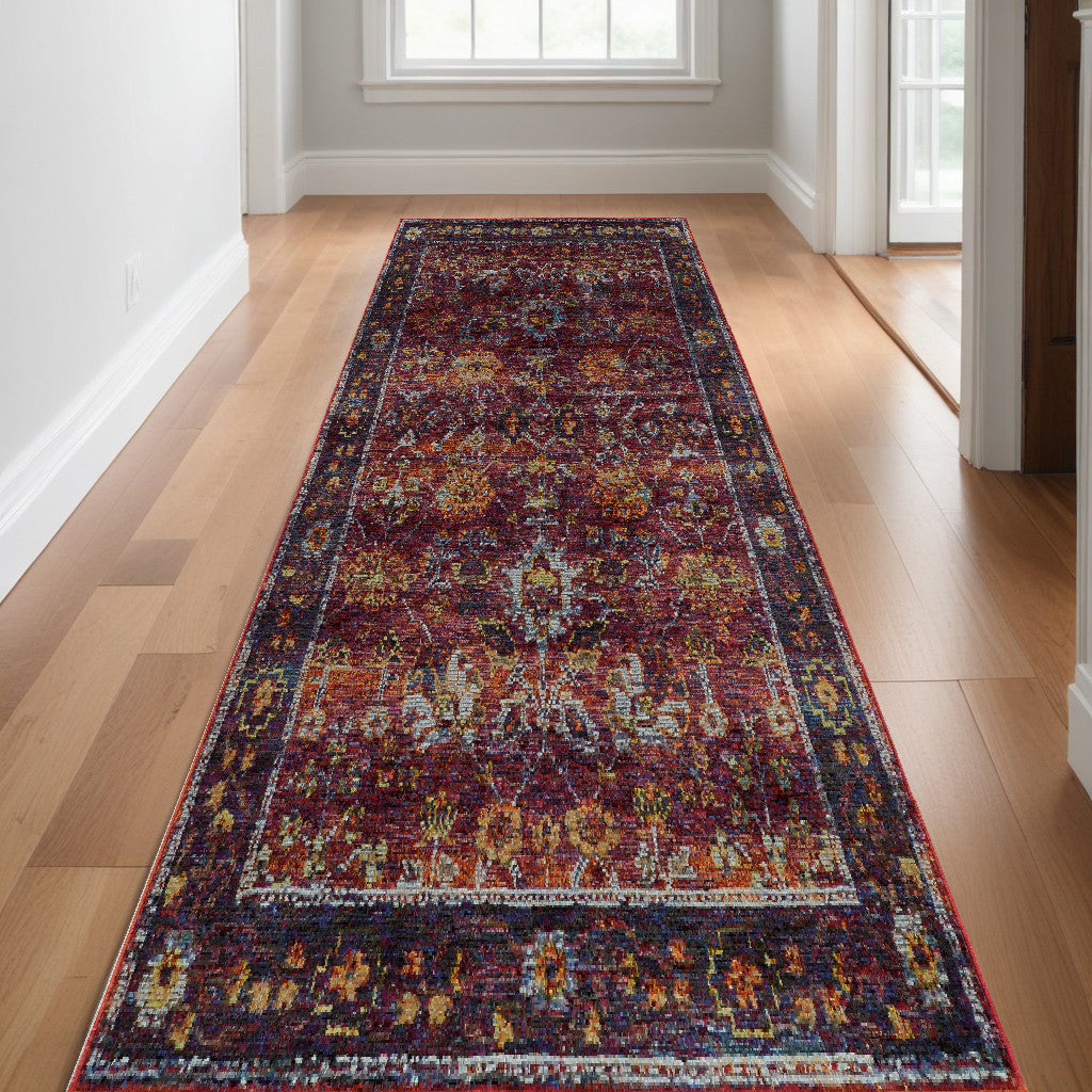 12' Runner Red Purple Gold and Grey Oriental Power Loom Runner Rug