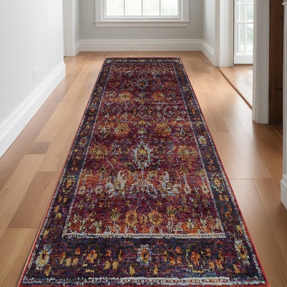 12' Runner Red Purple Gold and Grey Oriental Power Loom Runner Rug