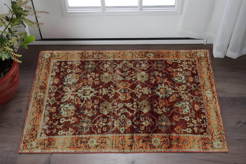 2' X 3' Red and Gold Oriental Power Loom Area Rug