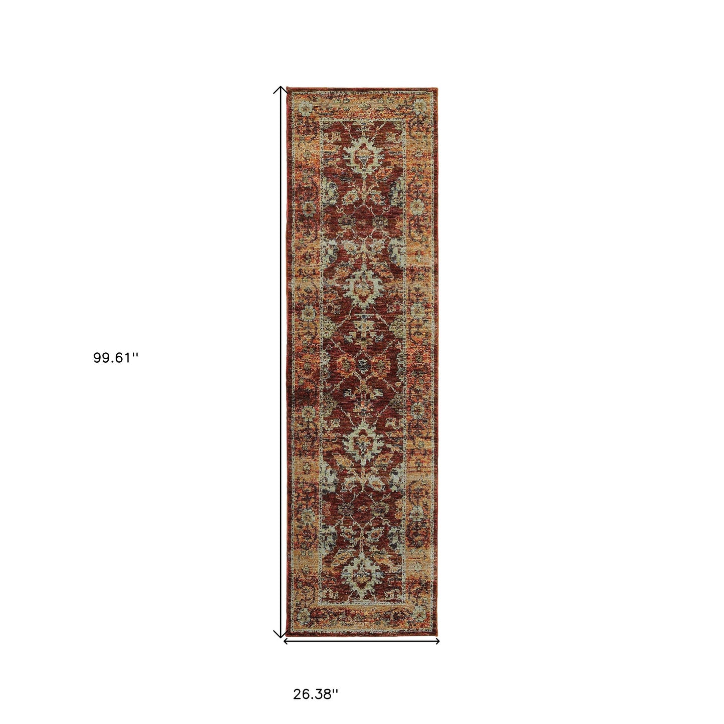 8' Runner Red and Gold Oriental Power Loom Runner Rug