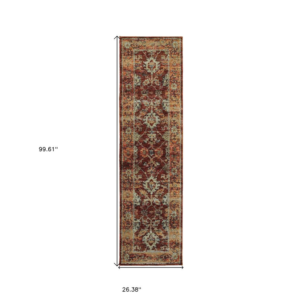 8' Red And Gold Oriental Runner Rug