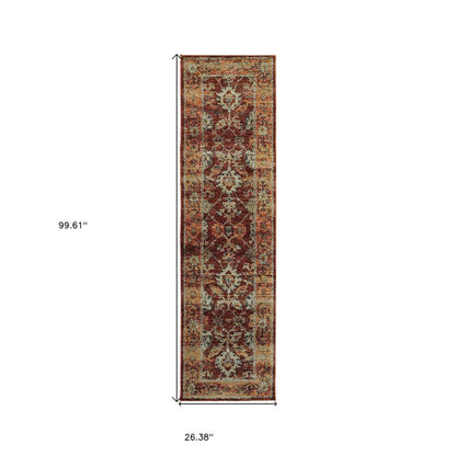 8' Red And Gold Oriental Runner Rug