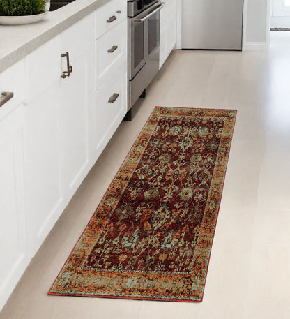 8' Runner Red and Gold Oriental Power Loom Runner Rug