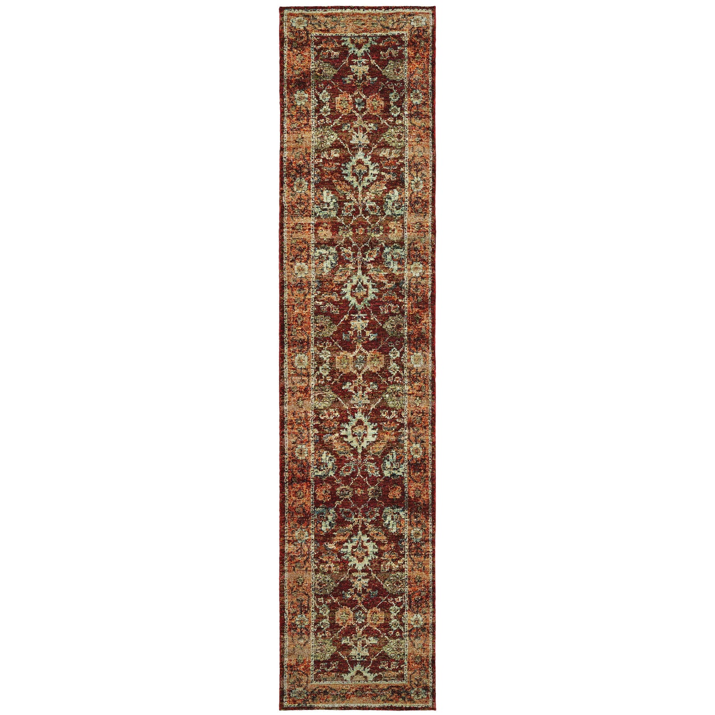 12' Runner Red Gold and Green Oriental Power Loom Runner Rug