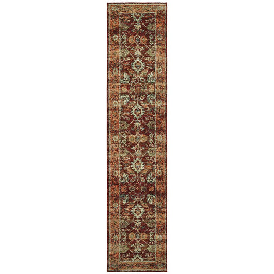 12' Red Gold And Green Oriental Runner Rug