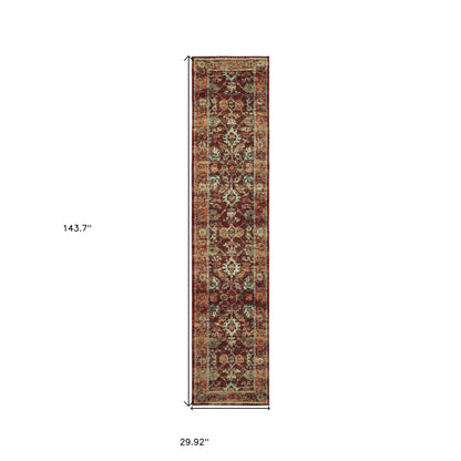 12' Runner Red Gold and Green Oriental Power Loom Runner Rug