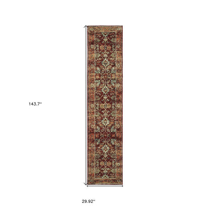 12' Red Gold And Green Oriental Runner Rug